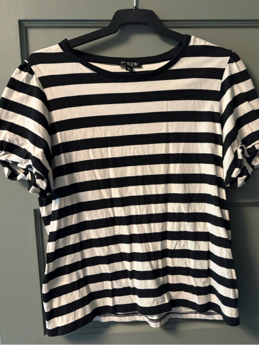 J. Crew Black and cream Striped Short Sleeve Tee with Puff Sleeves